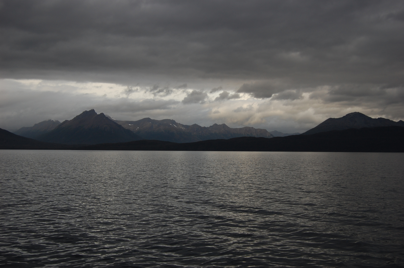 Mountains, clouds, and sunlight in the Strait of Magellan