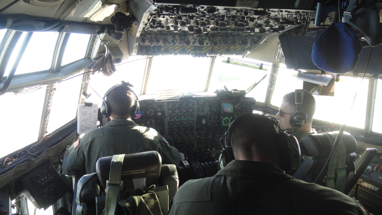 Cockpit of C-130 flying to South Pole Station