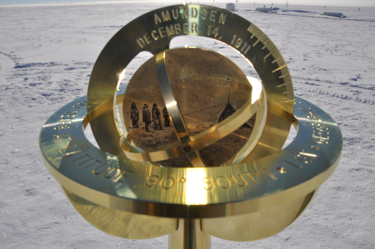 South Pole marker commemorating Roald Amundsen's attaining the SouthPole 100 years earlier
