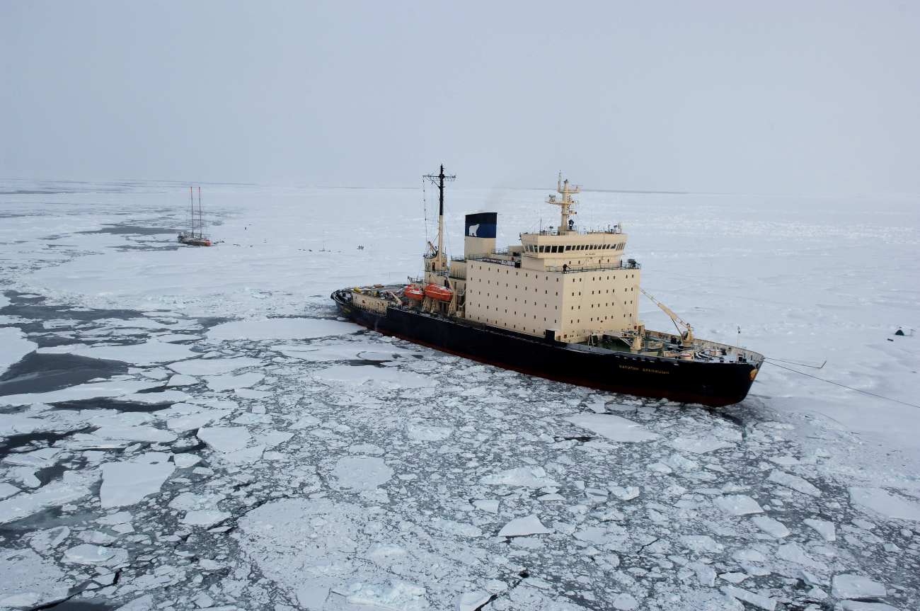 The KAPITAN DRANITSYN moored in the ice near the French sailingvessel TARA which will intentionally be frozen in the ice for two years to study Arctic climatology and oceanography