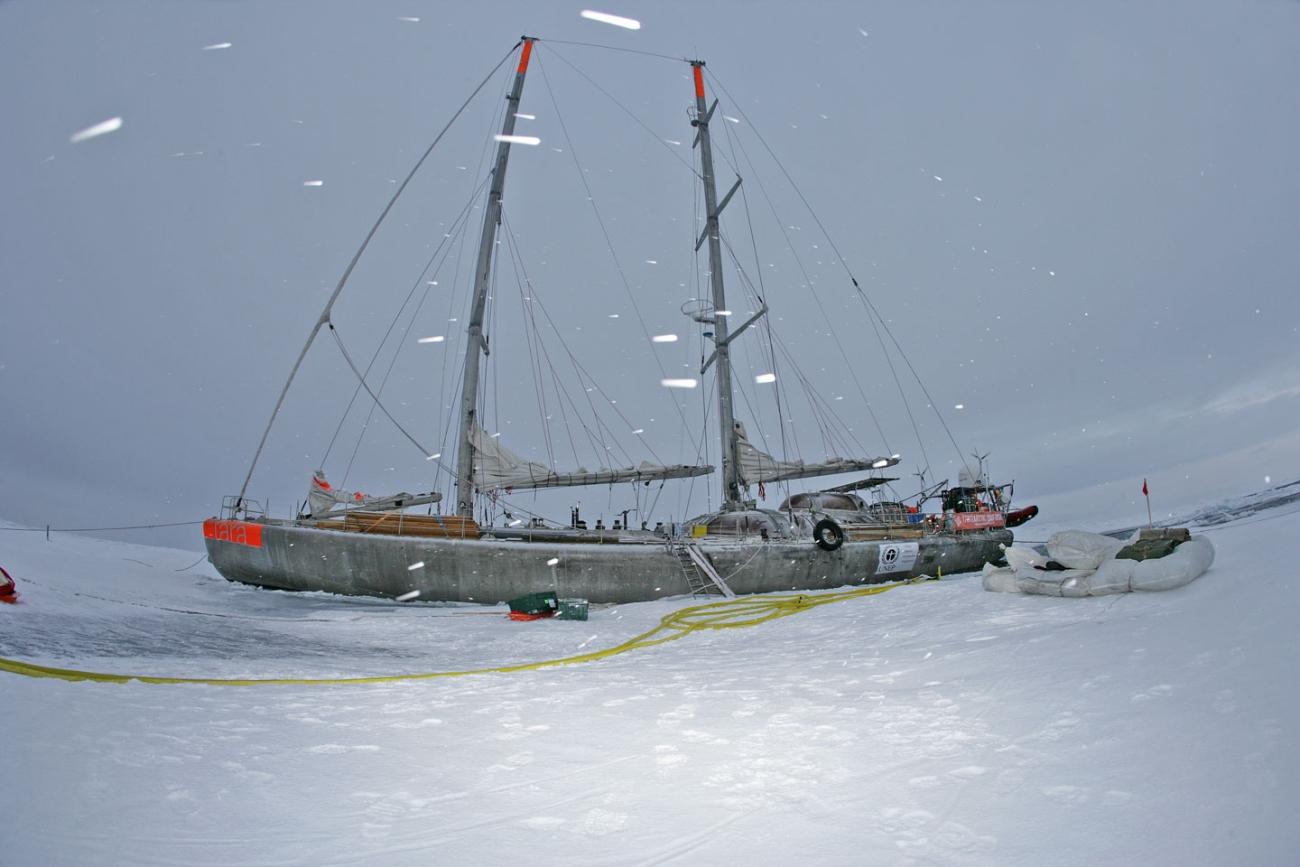 The French sailing vessel TARA which will intentionally be frozen in the ice for two years in order to conduct Arctic climate and oceanographic studies