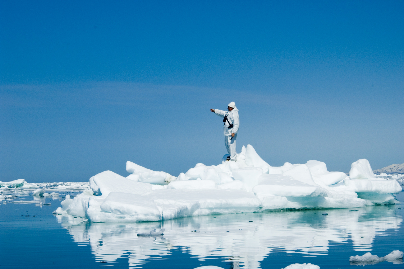 Researcher, standing on an ice floe, pointing at a seal to capture