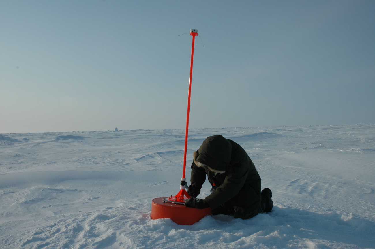 Placing an ice beacon that measures air temperature and pressure and monitorsmotion of ice