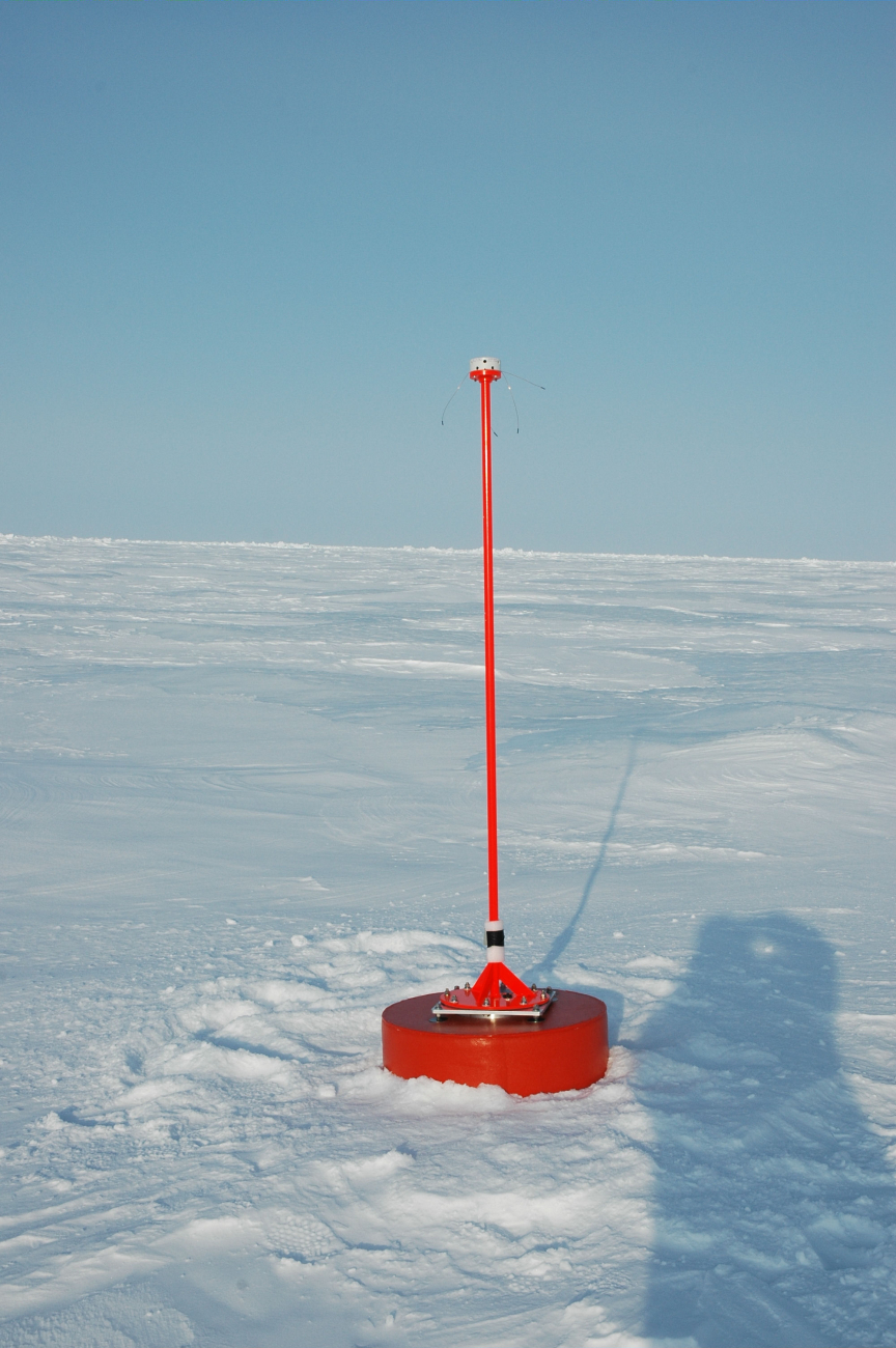 An ice ice beacon that measures air temperature and pressure and monitorsmotion of ice