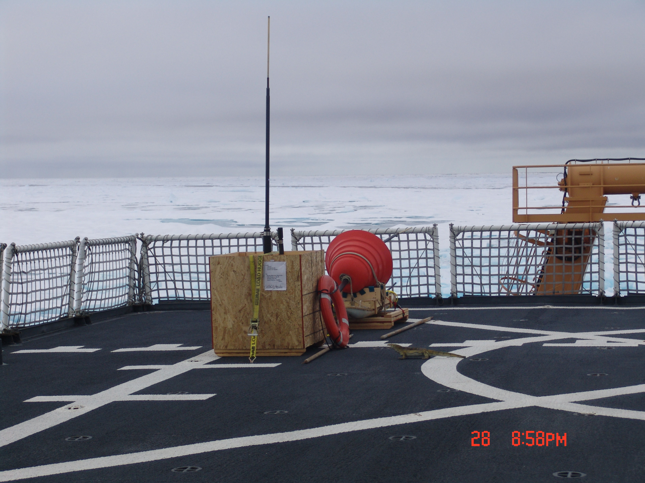 Ice buoy stored on the CGC HEALY helicopter platform