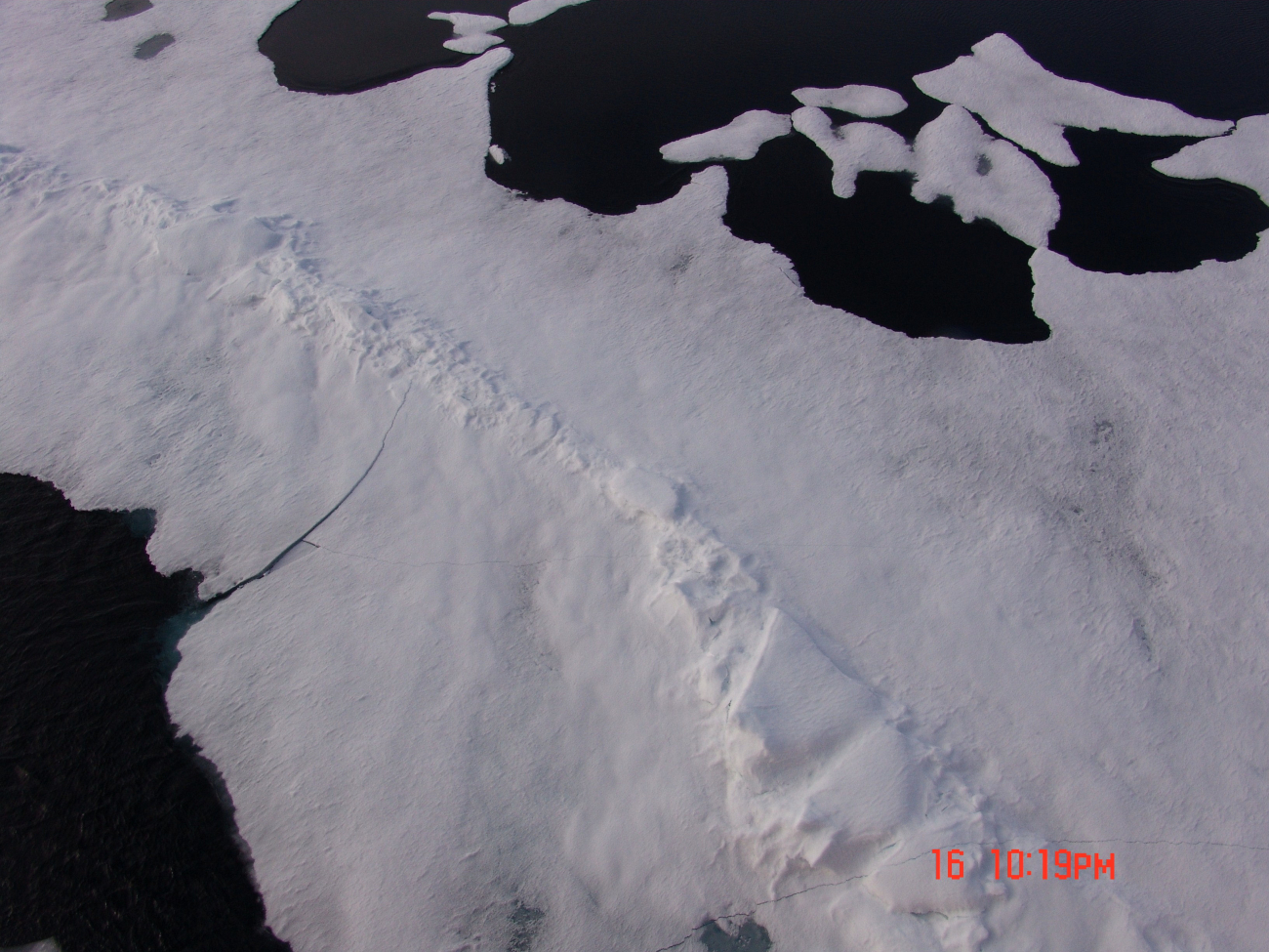 Helicopter eye view of remains of an ice ridge as seen in late summer