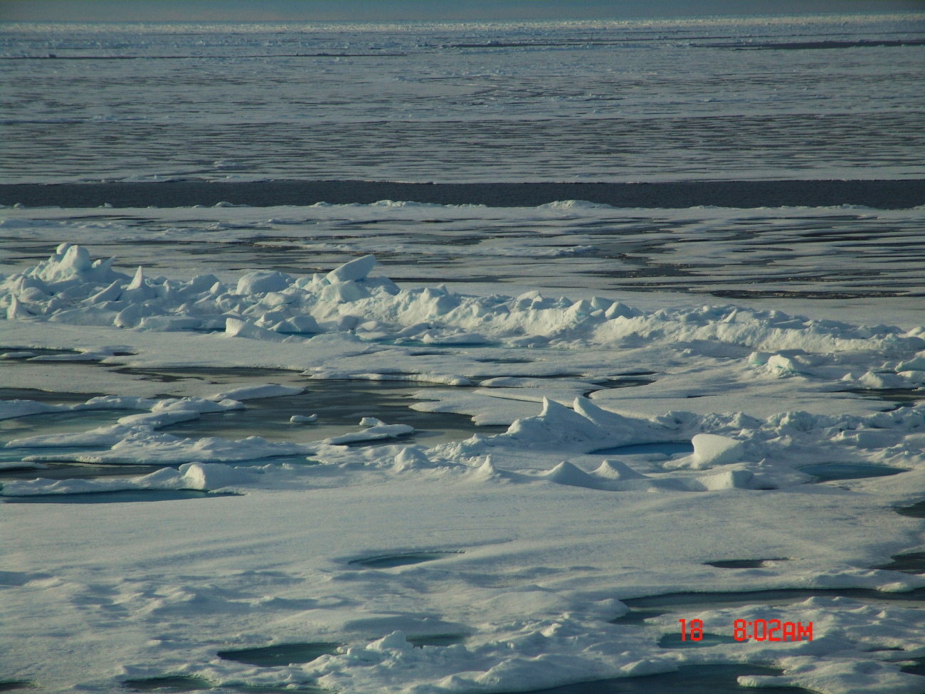 Relative thick 2nd year to multi-year ice separated from newer thinner ice by asmall ice ridge