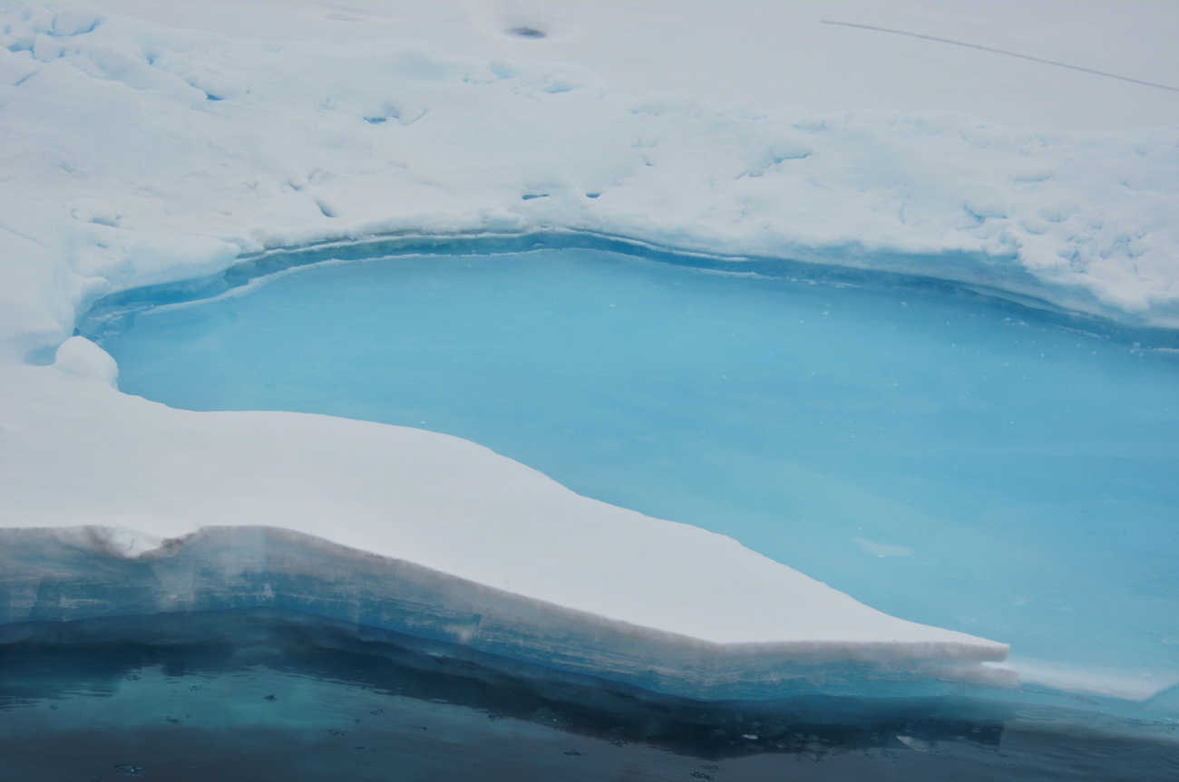 Aquamarine melt pond freezing over