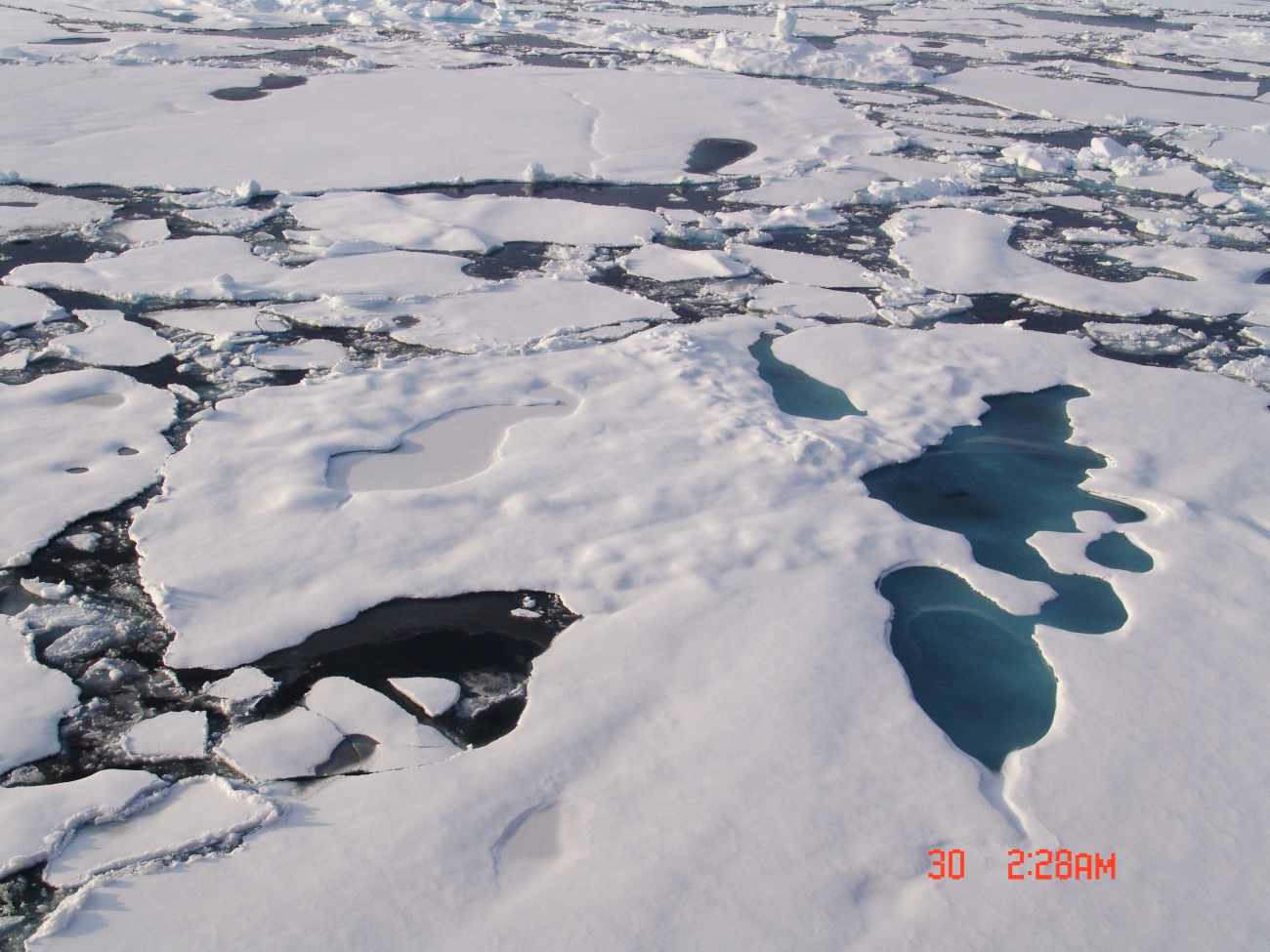 Multi-year ice floes and first year ice floes coming together at end of Arcticsummer