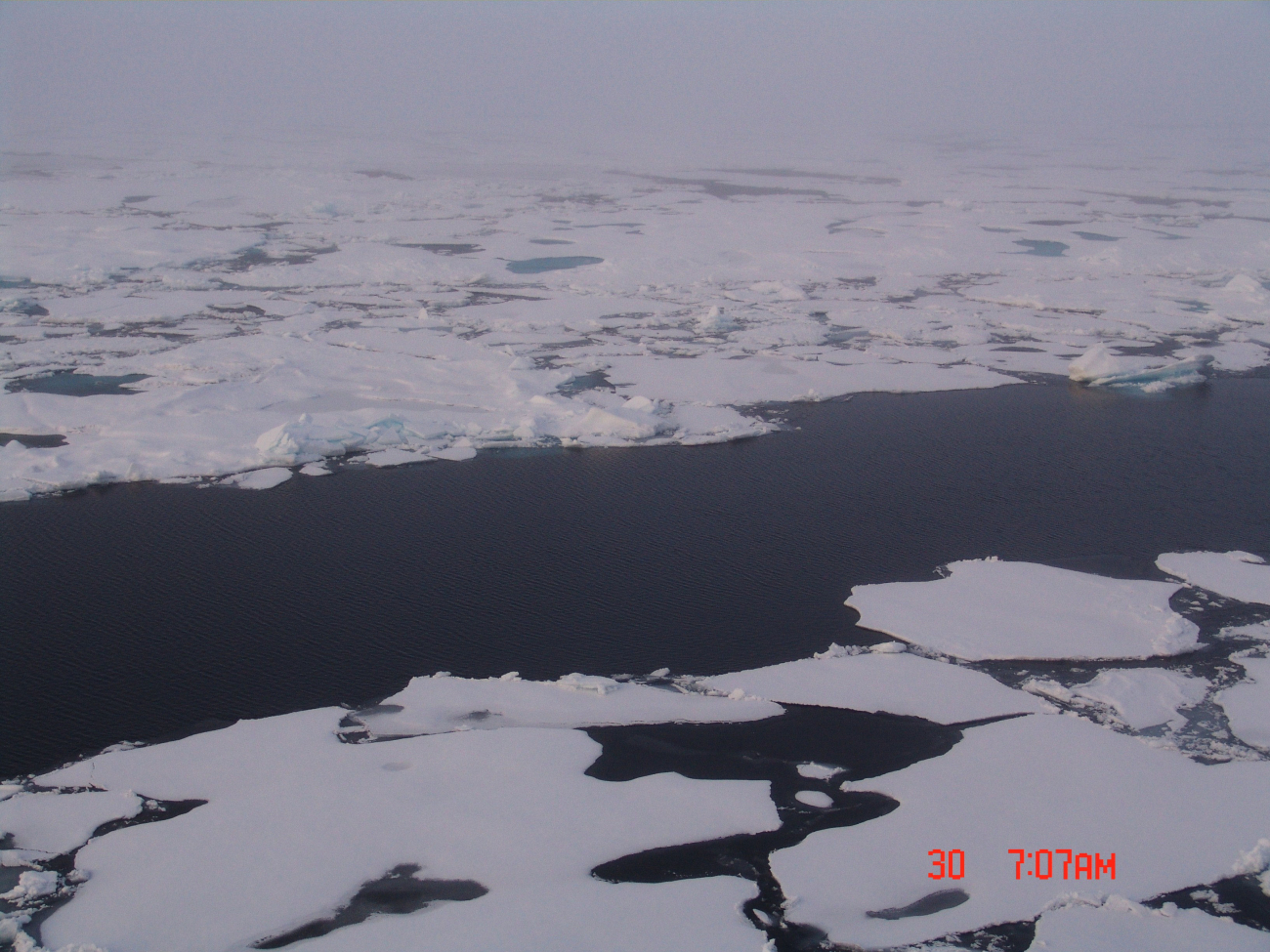 A lead through an area of first-year ice floes