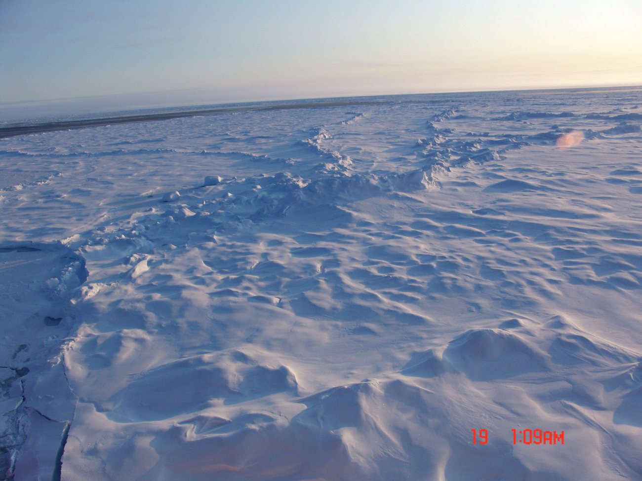 Ridges and hummocks in multi-year ice and an open lead