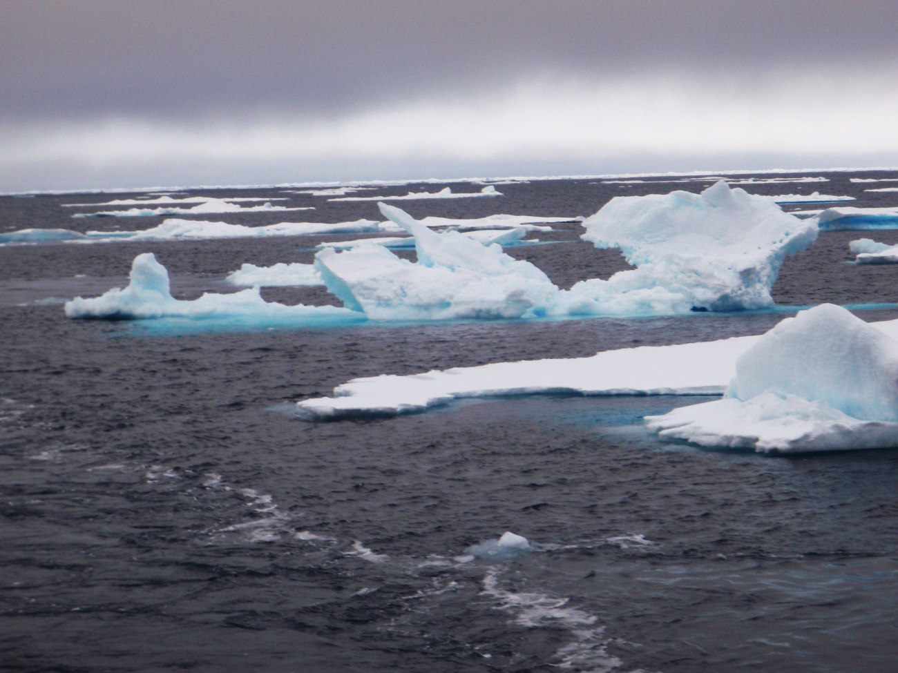 Floes of thick multi-year ice on a gray cloudy day