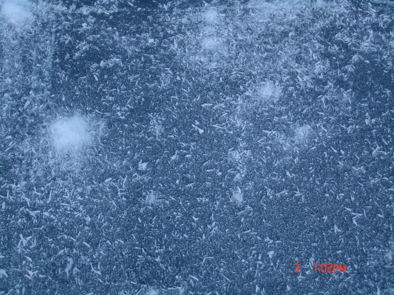 Short thick cylindrical ice crystals seemingly strewn about ice surface