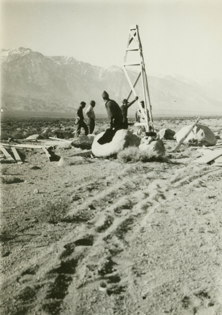Baseline measurement party erecting signal in Owens Valley