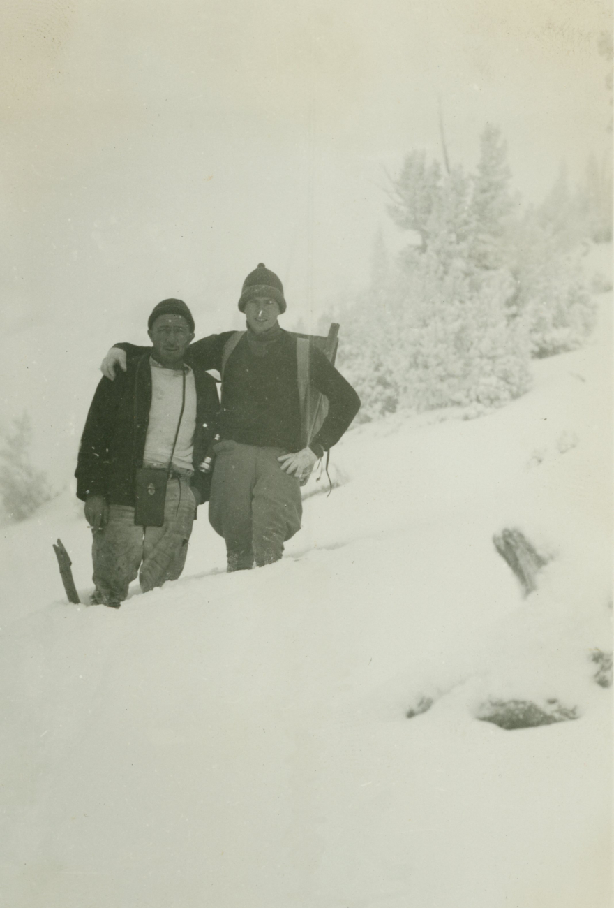 Silk Hat Harry Quinlavin and Floyd Risvold at about 9000 feet heading into thehigh Sierra to recover a signal lamp left at station Mt