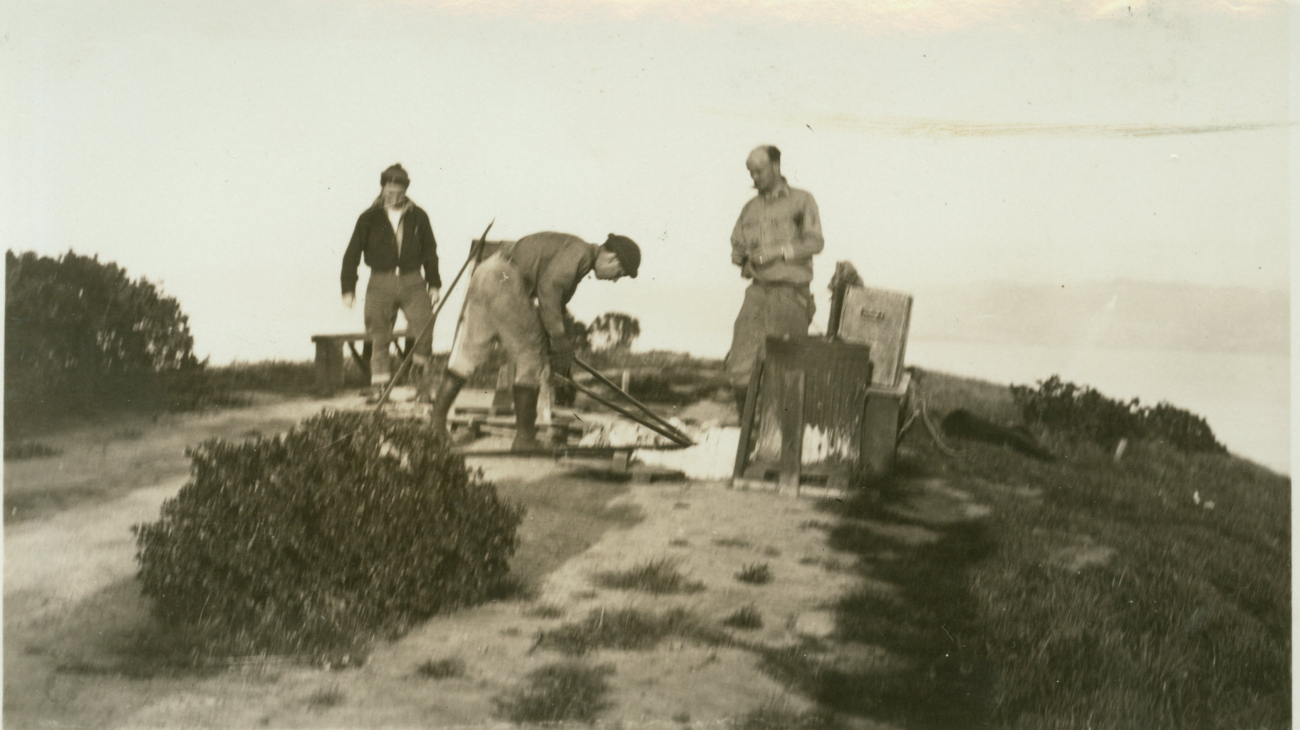 Jan, Tex, and Norm Sylar setting up observation tent on Angel Island
