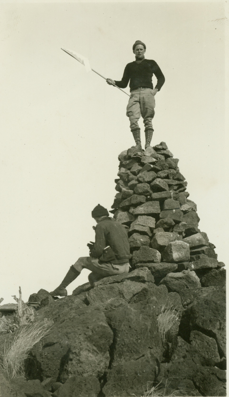 Floyd Risvold on top of cairn marking station El Paso near Randsburg