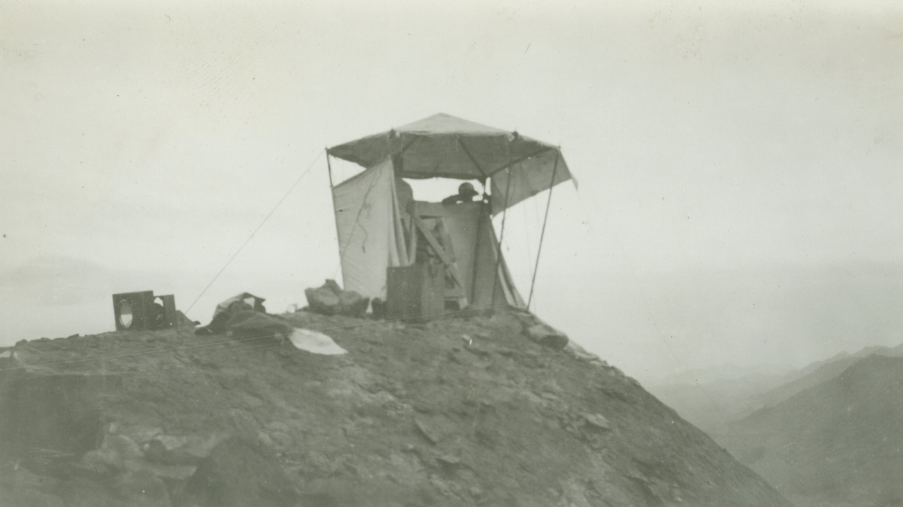 Observing tent on triangulation station on the top of Hawk Peak, 10,627 feet,in the Pinaleno Mountains