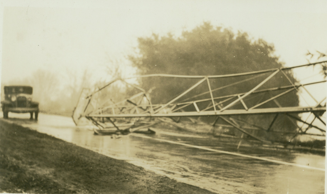 Station Walnut, 1 mile west of Walnut Grove and only 22 feet from the center-line of the road, was struck by an automobile and collapsed on December 7, 1931