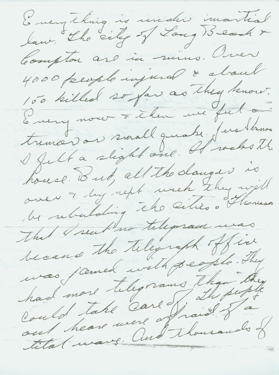 Page 1 of Floyd Risvold's letter home describing the Long Beach earthquakedestruction that he witnessed on March 11, 1933