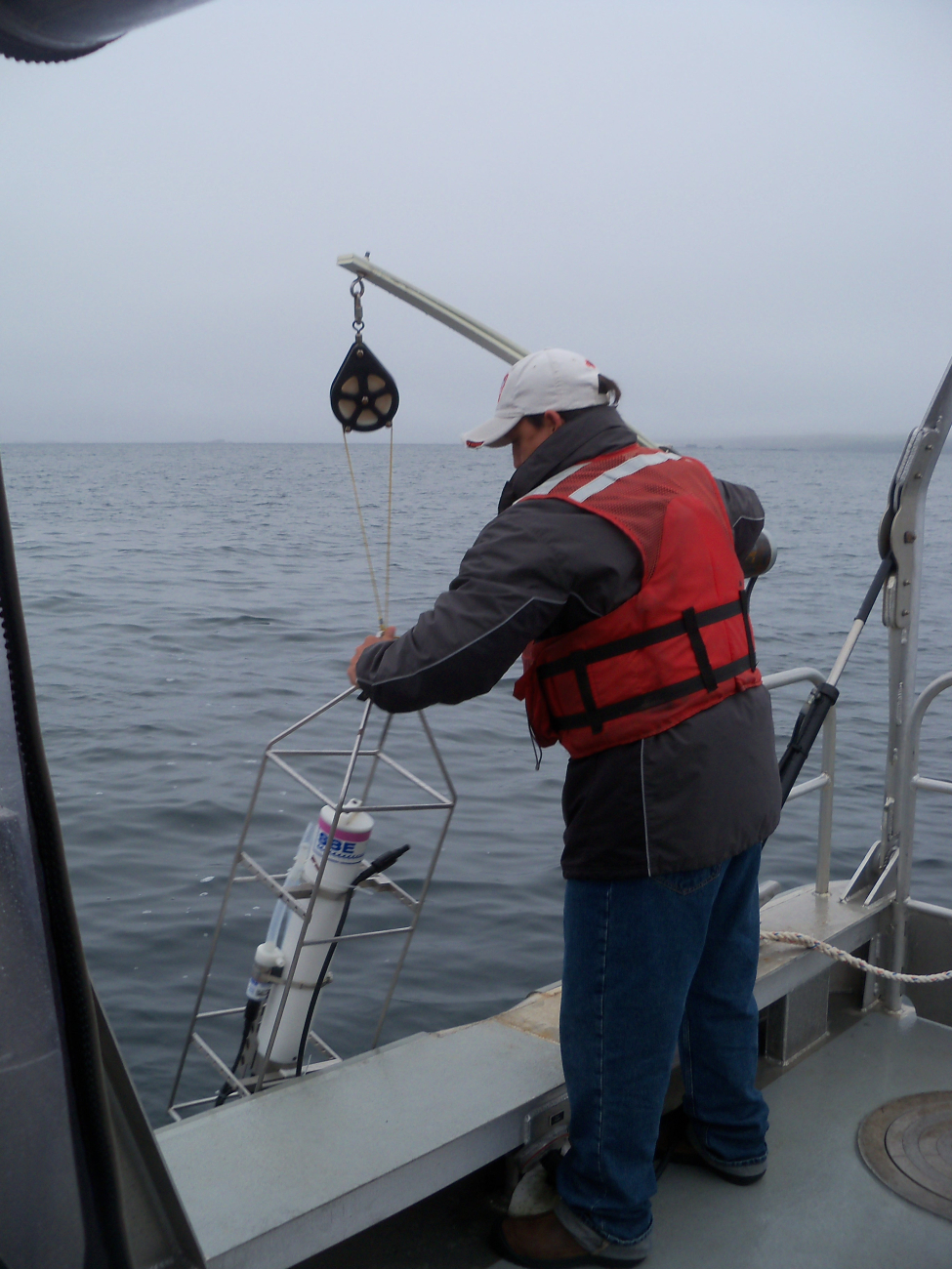 Retrieving Salinity Temperature Depth instrument during launch survey operations