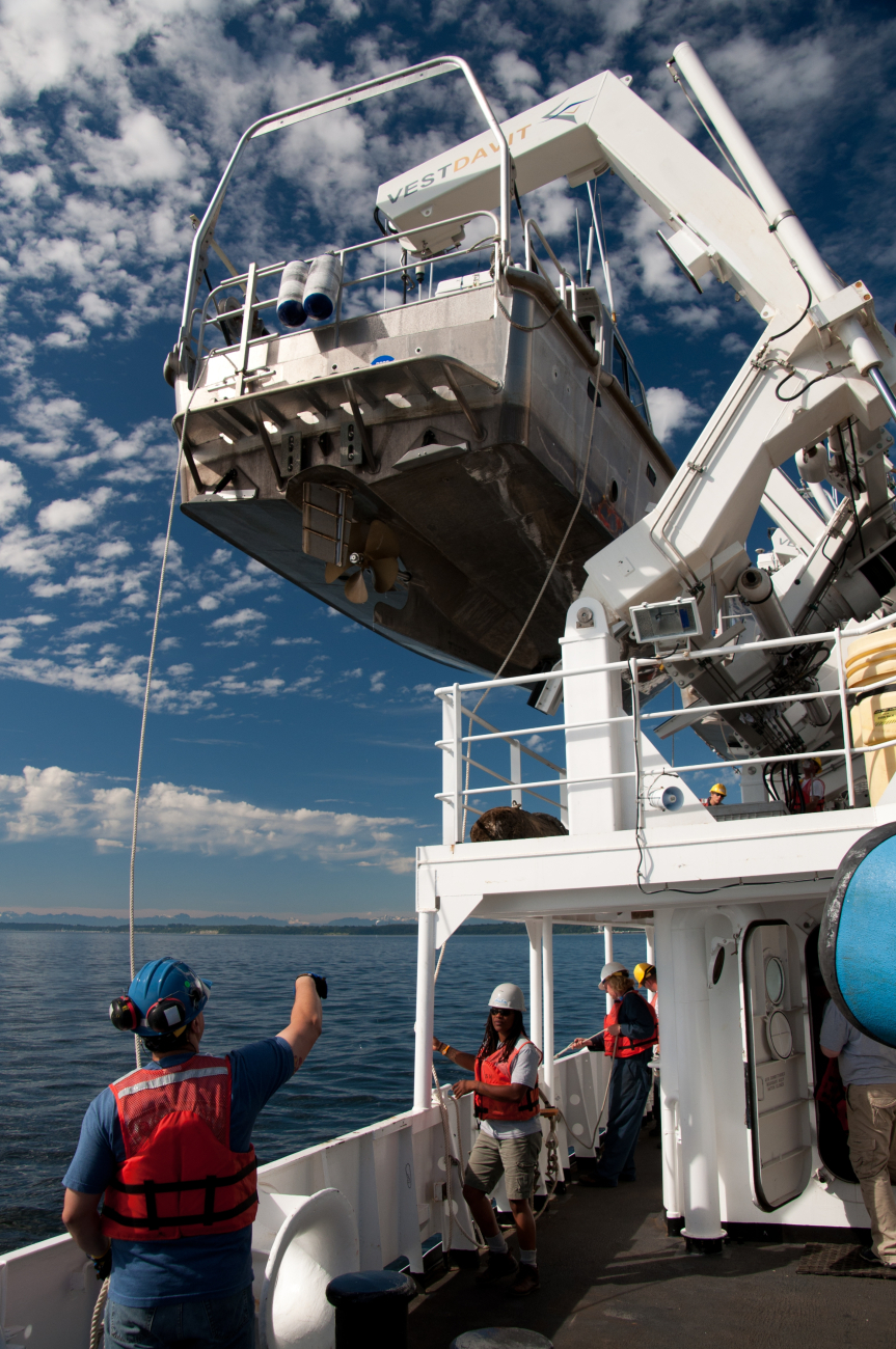 Preparing to launch a NOAA ship RAINIER survey launch
