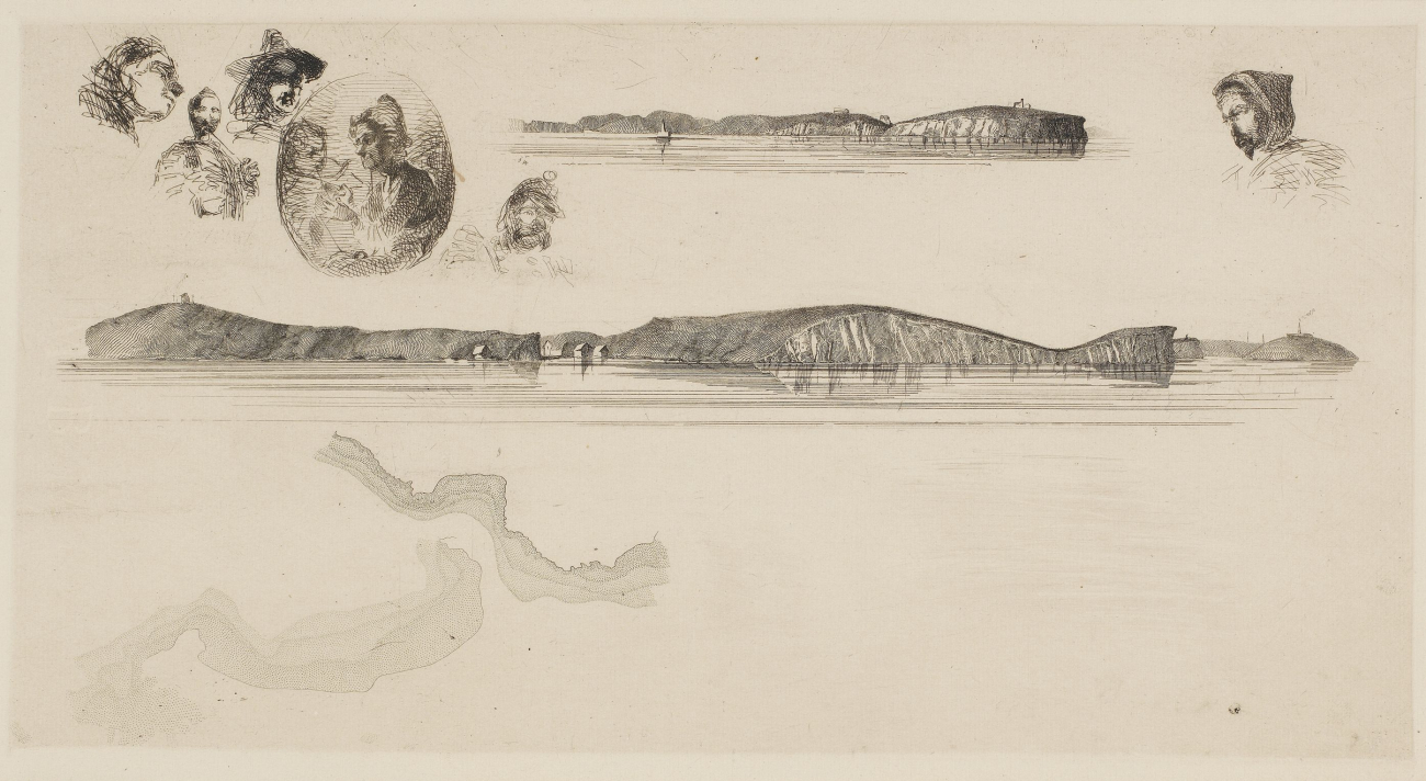 Copper plate engraving doodlings by James Whistler who learned copper plateengraving at the Coast Survey offices during a three-month period in 1854-1855