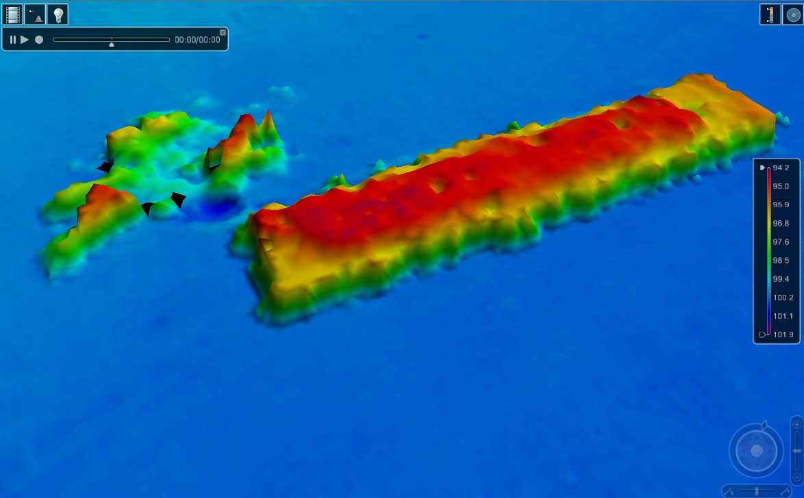 Barge imaged by NOAA Ship NANCY FOSTER multi-beam system at 90-meterswater depth