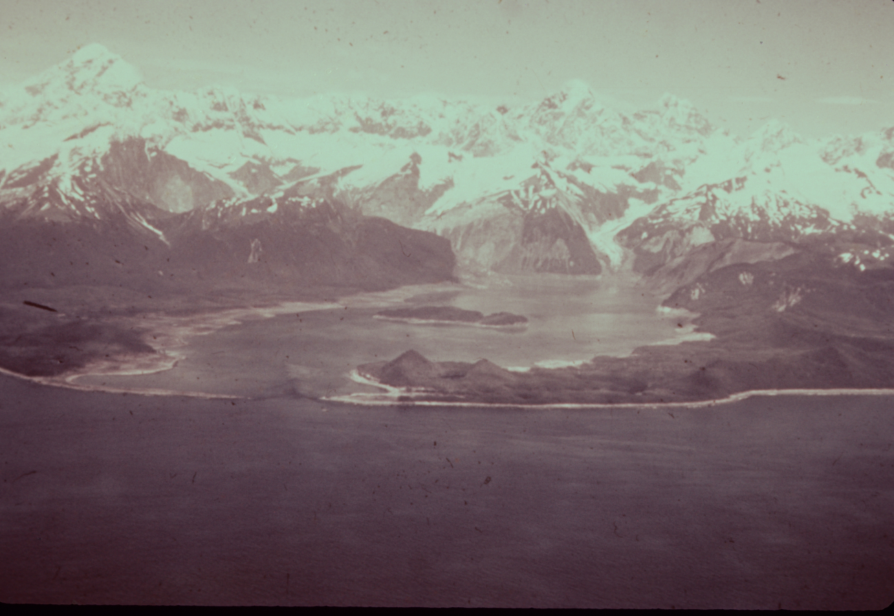 Lituya Bay showing the giant wave path that swept trees off mountainsides up toan elevation of 1720 feet in the left center of the photo
