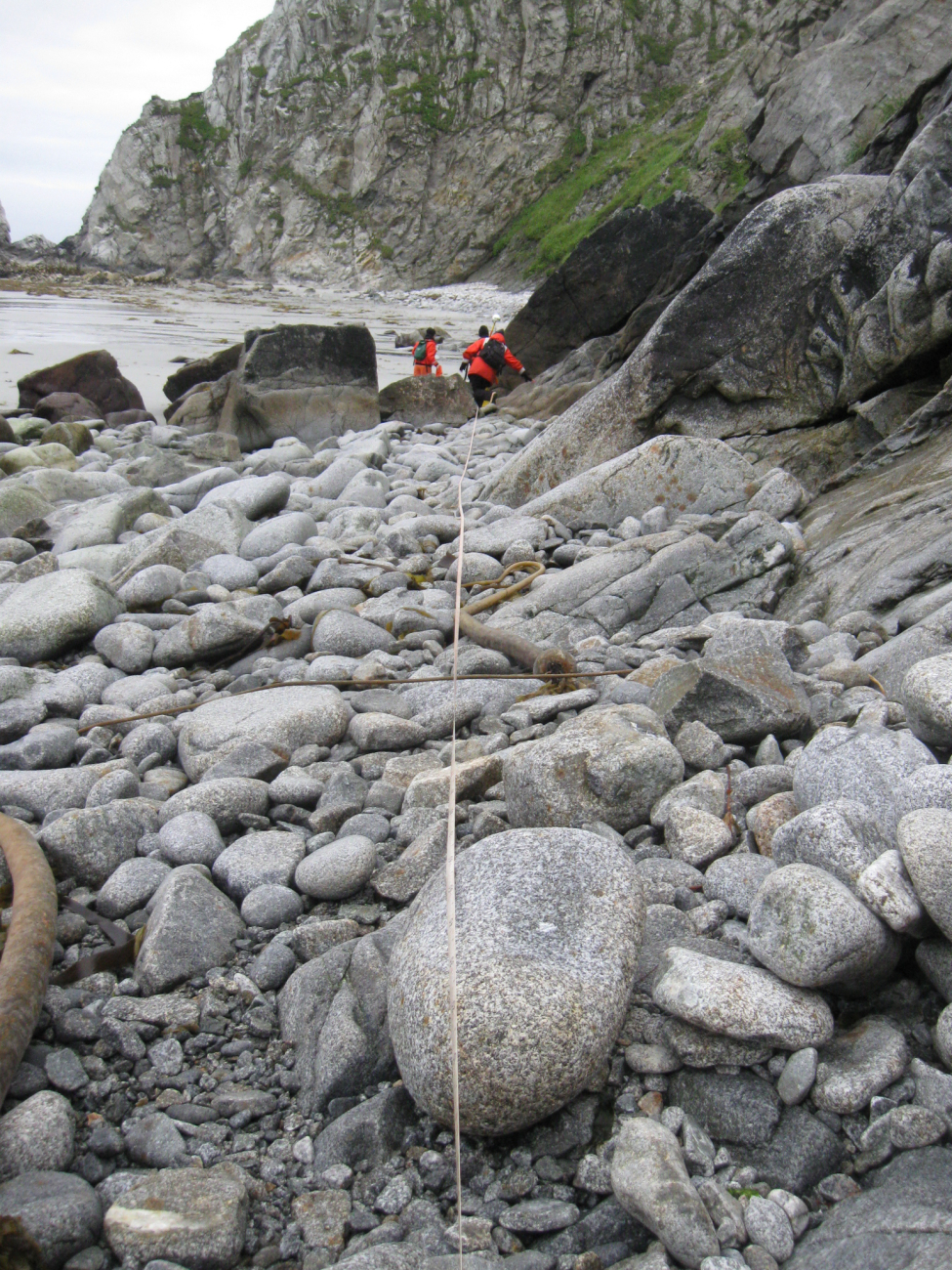 Measuring distance between tidal bench marks on a boulder beach