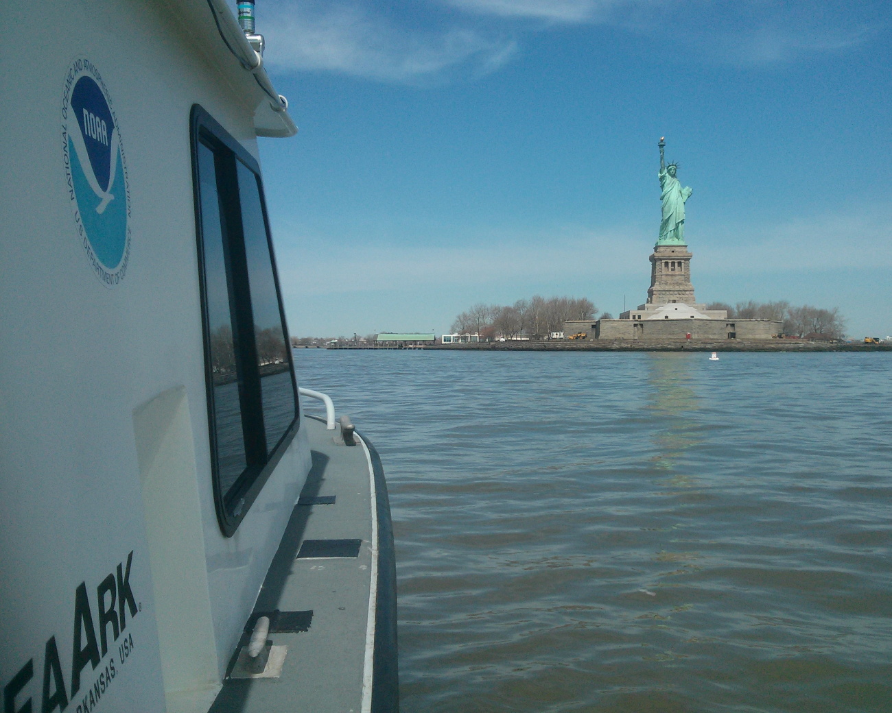 A NOAA Coast Survey Navigational Response Team collects post-Sandy depthmeasurements in New York harbor around Liberty Island and Ellis Island