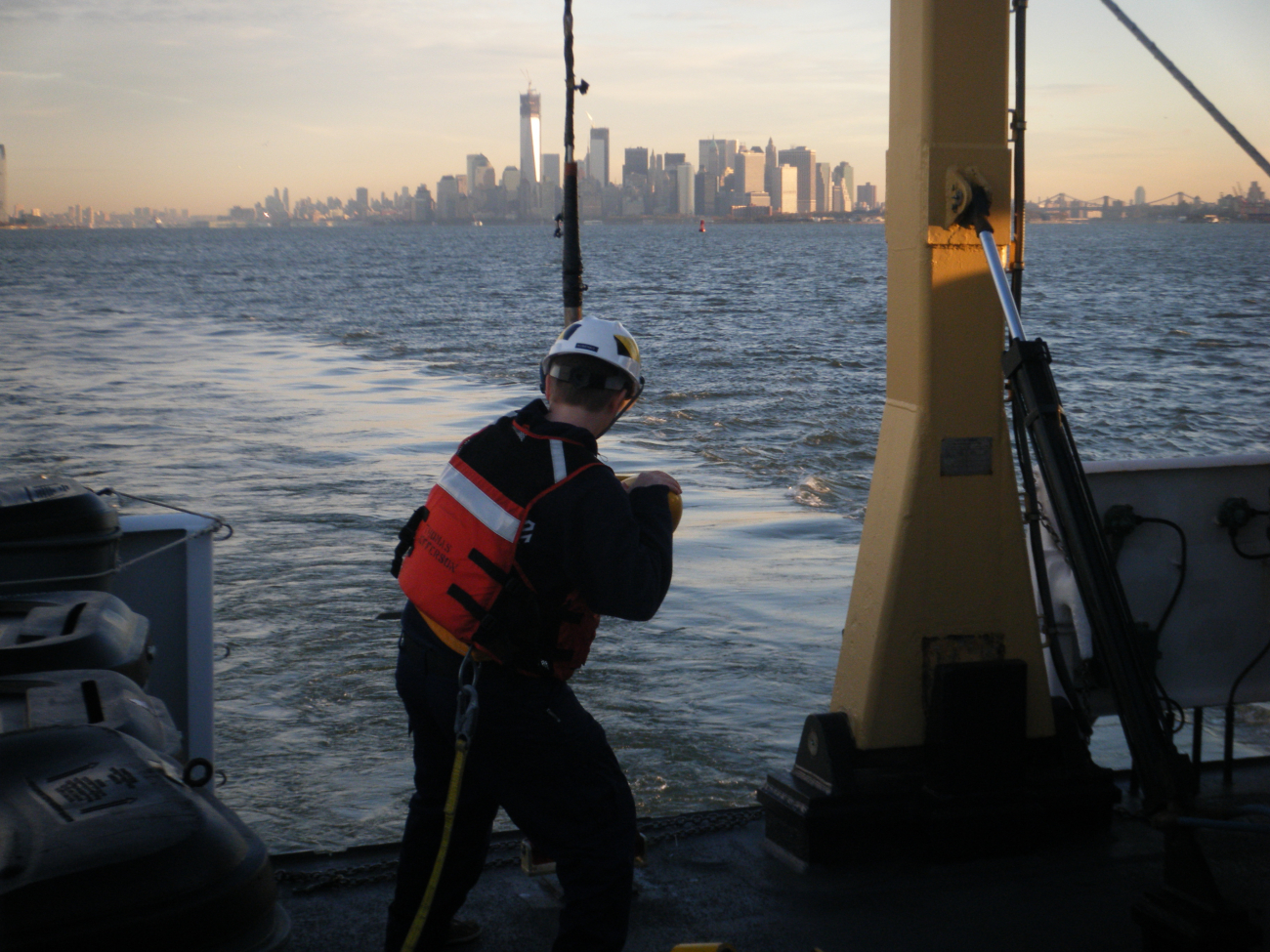NOAA Corps Ensign Lindsey Norman retrieves a side scan sonar unit thatNOAA Ship THOMAS JEFFERSON used to survey the Hudson River on a post-Sandysurvey to allow fuel barge traffic to resume