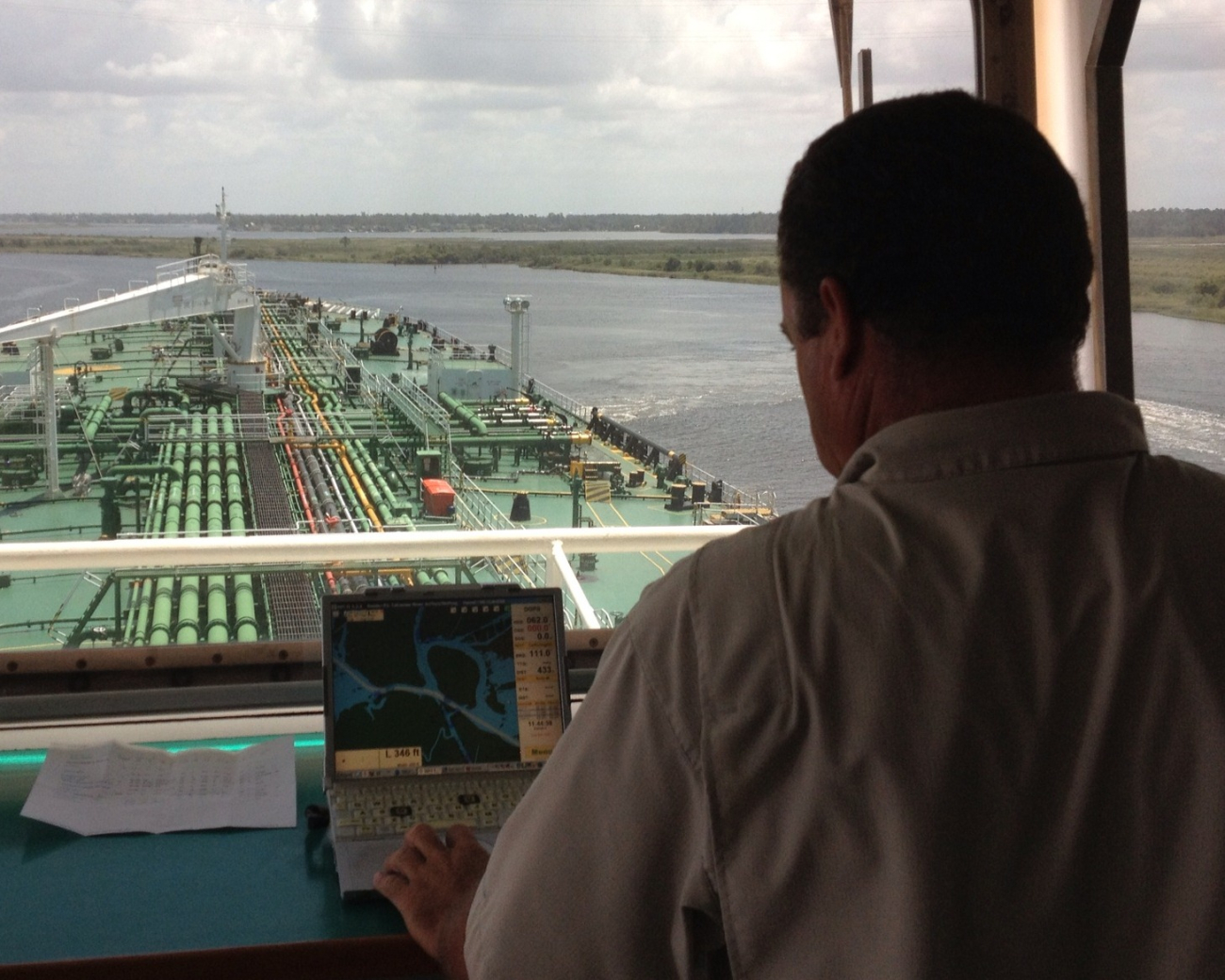 Pilot's view of the ship channel in Lake Calcasieu leading to Lake Charles