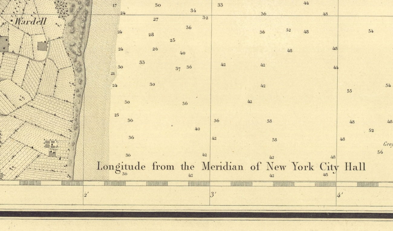 Note on SE sheet of six sheets of New York Bay and Harbor designating thatlongitudes on the chart are referred to the Meridian of New York City Hall