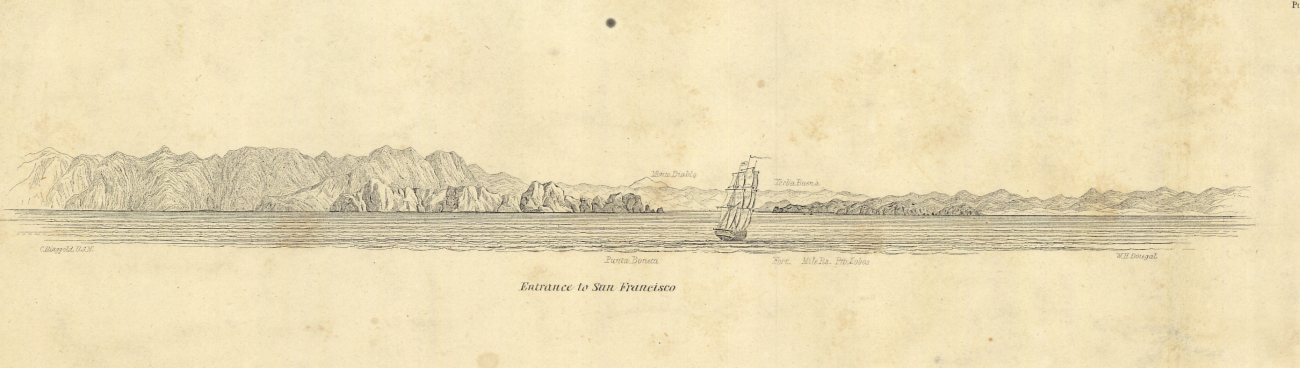 View from the chart of The Farallones  Entrance to the Bay of SanFrancisco showing an engraved view of a sailing vessel entering the Golden Gate