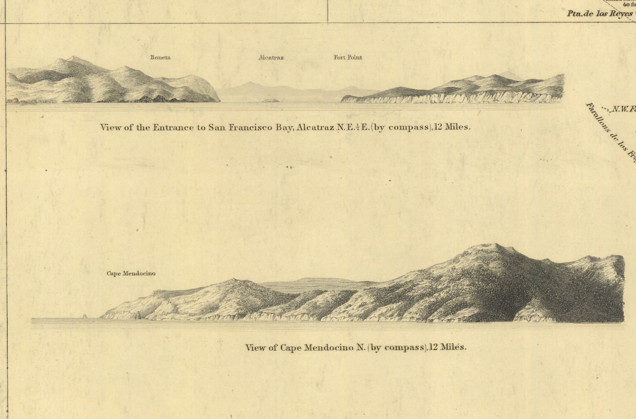 View of the Entrance to San Francisco Bay showing Alcatraz Island and view ofCape Mendocino bearing North by compass at 12 miles
