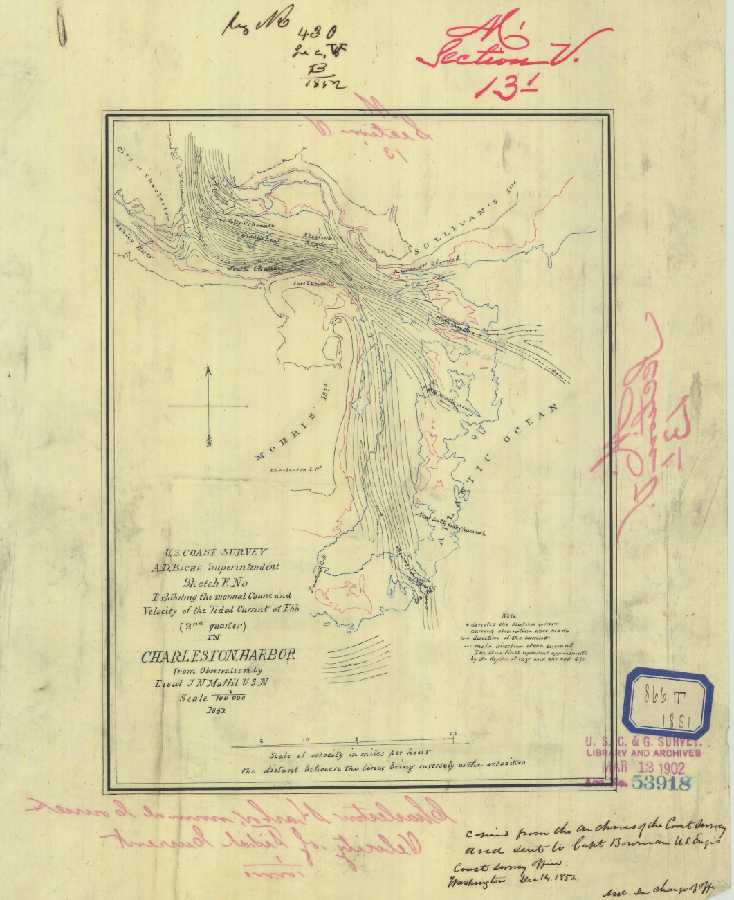Hand sketch Exhibiting the normal course and velocity of the tidal current atebb for the 2nd Quarter (of the moon) in Charleston Harbor by Lieut