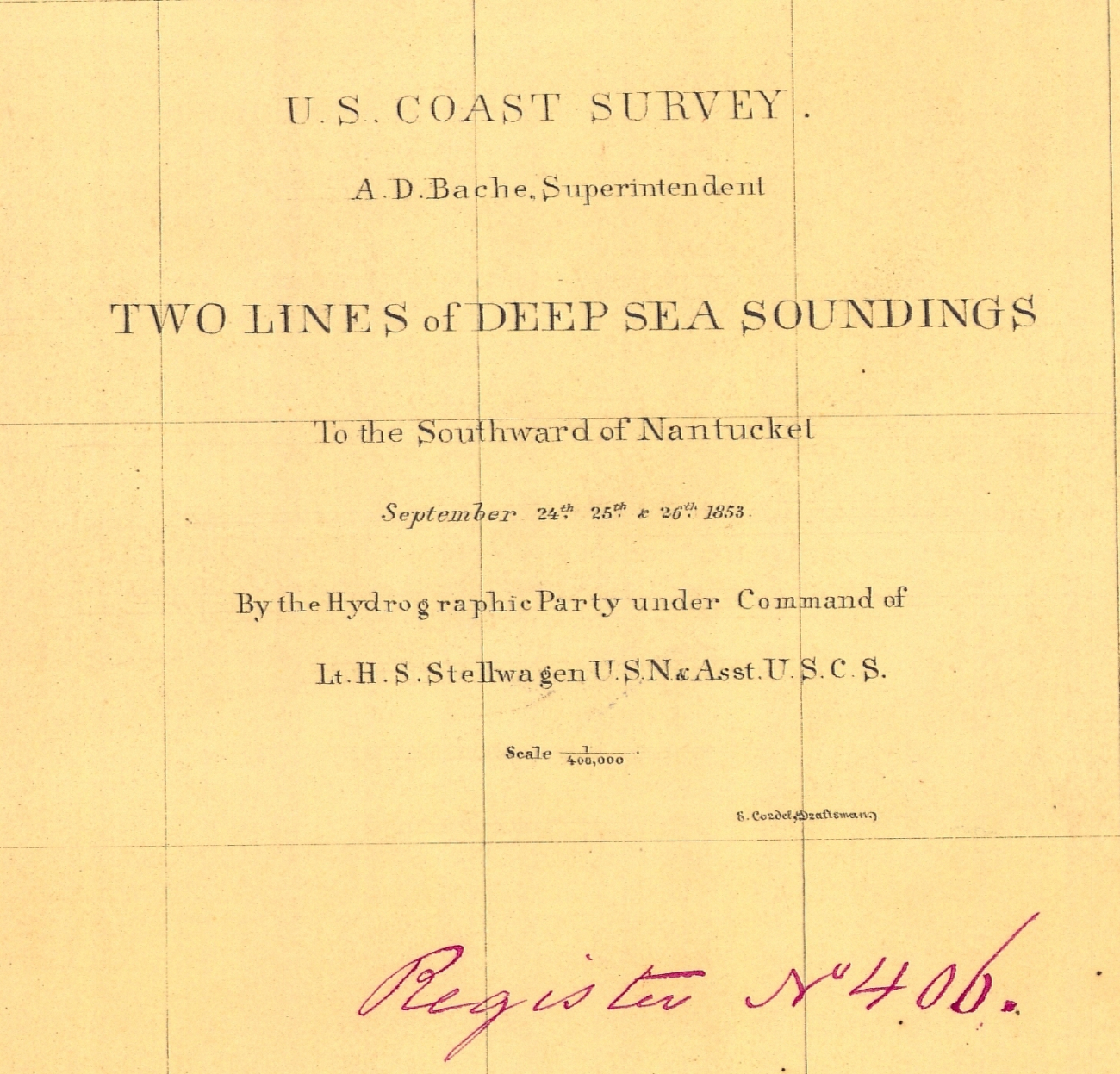 Title block of the hydrographic sheet H-406 of Two Lines of Deep SeaSoundings to the Southward of Nantucket