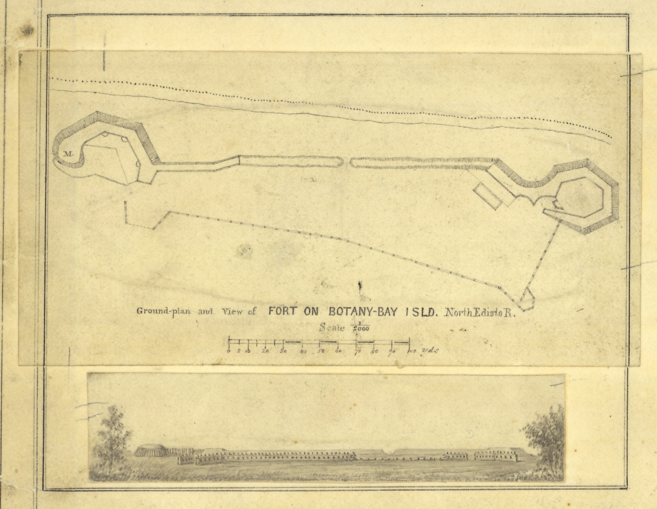 Blowup ground plan and view of Fort on Botany - Bay Island, North Edison River
