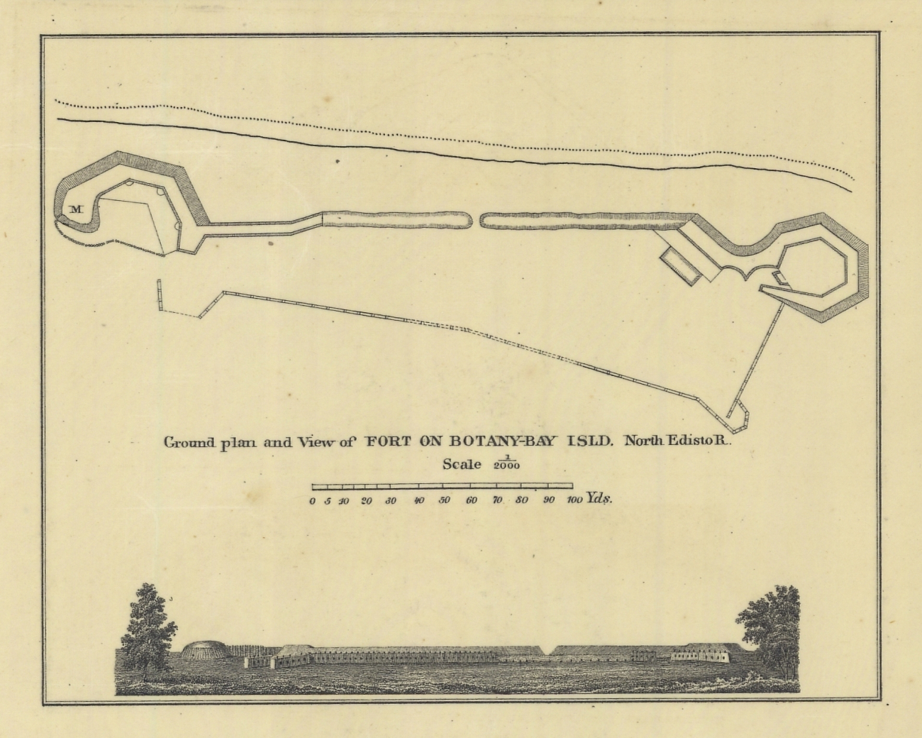Smoother version blowup ground plan and view of Fort on Botany - Bay Island,North Edison River from cgs05212