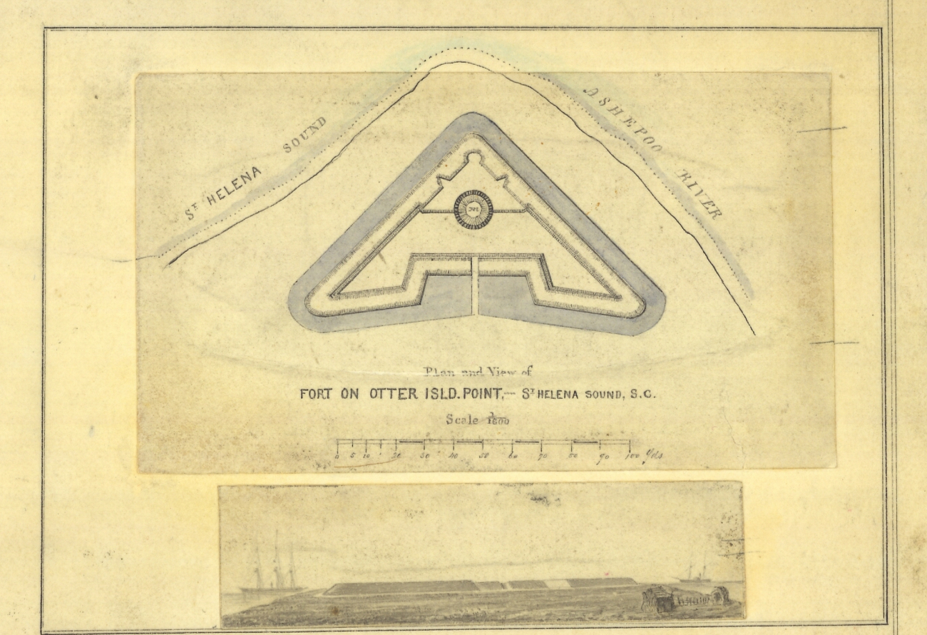 Blowup plan and view of Fort on Otter Island Point - St