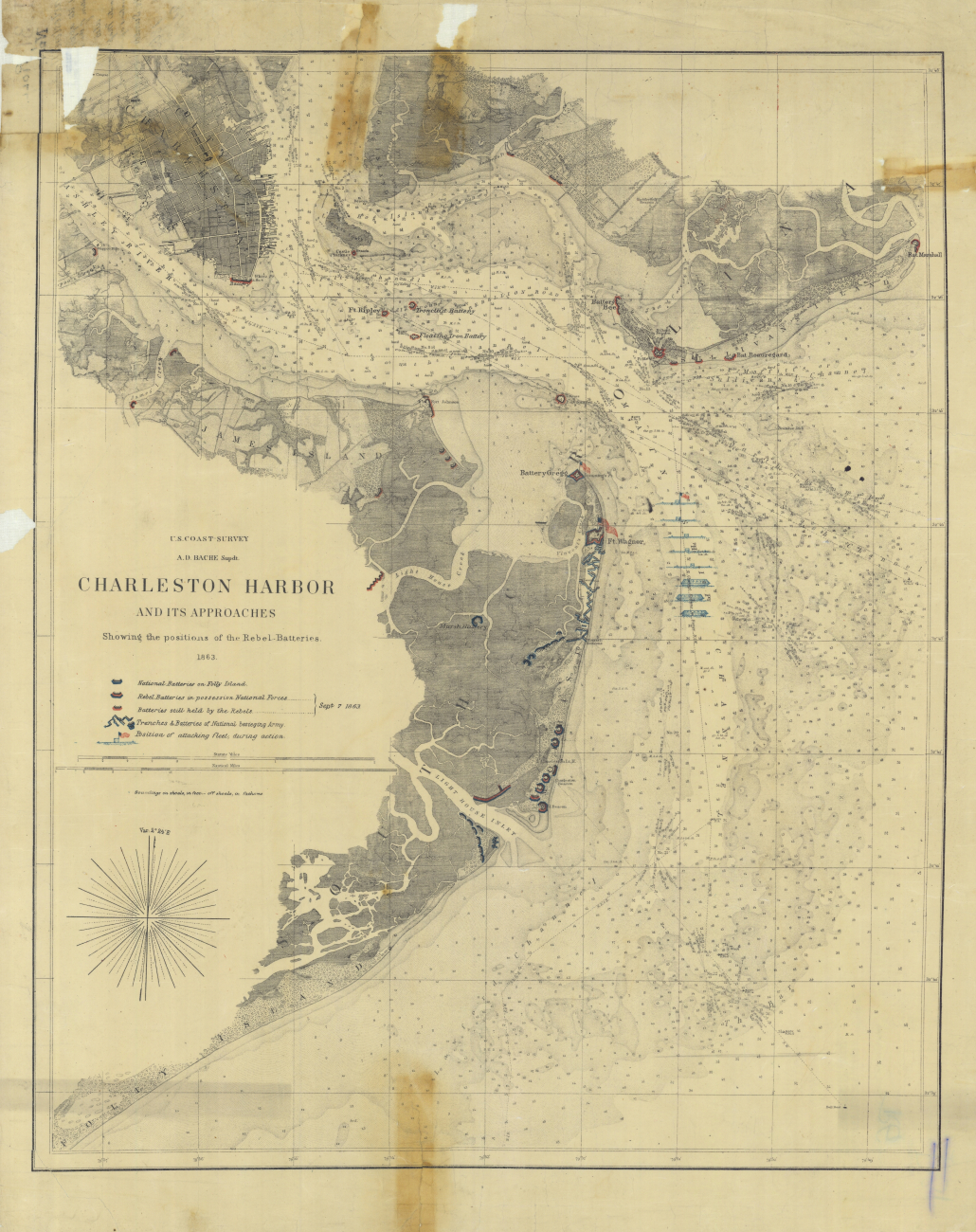Chart of Charleston Harbor entrance showing position of Union and Confederatebatteries as of September 7th, 1863, the day Fort Wagner fell
