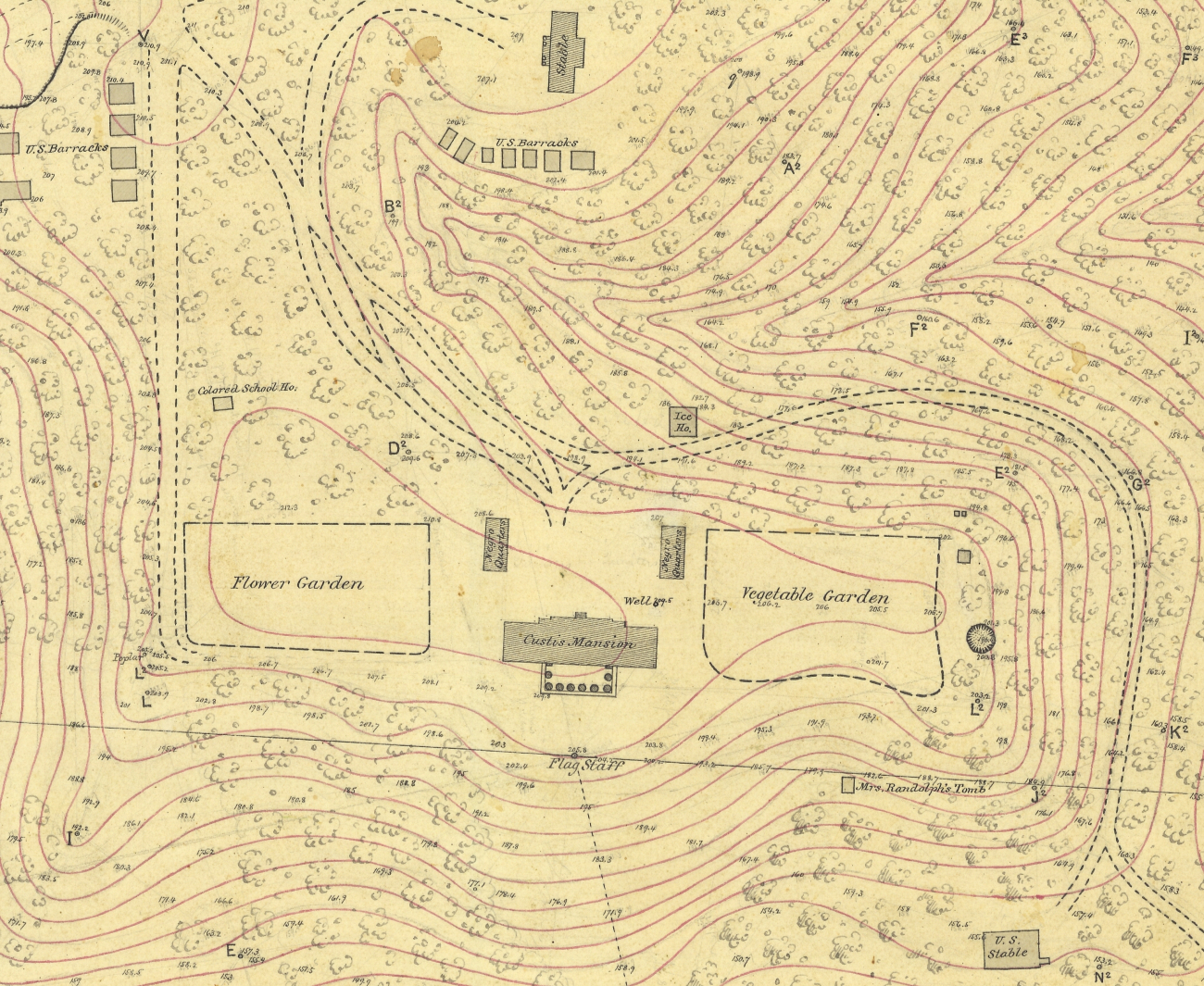 Portion of map of part of what is now Arlington National Cemetery showing theCustis Mansion surrounded by flower garden and vegetable garden