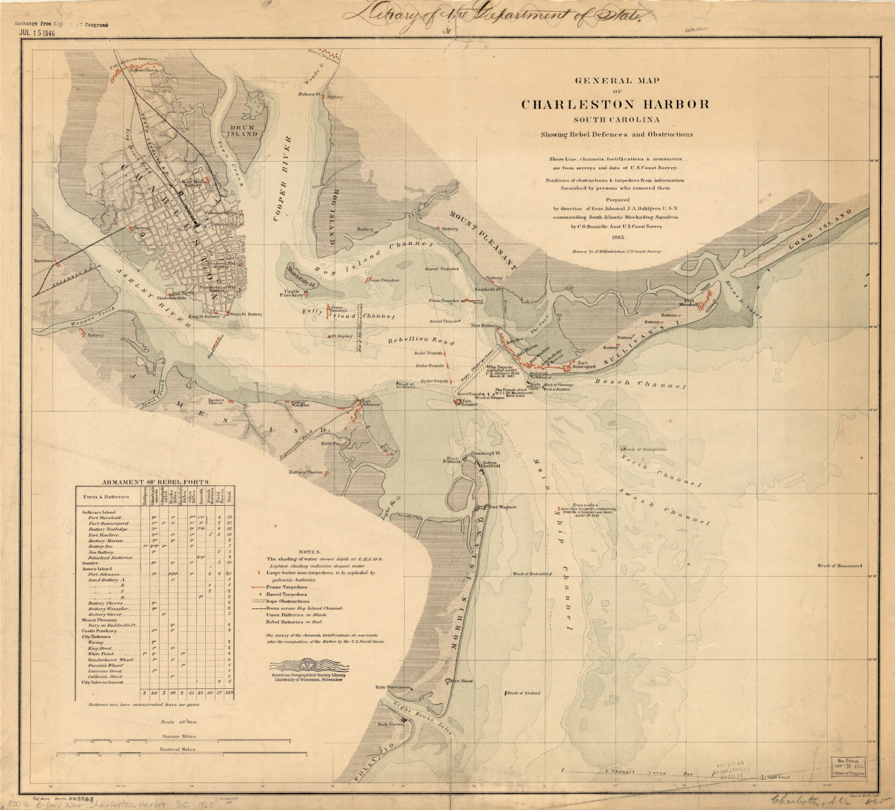General Map of Charleston Harbor South Carolina Showing Rebel Defences andObstructions