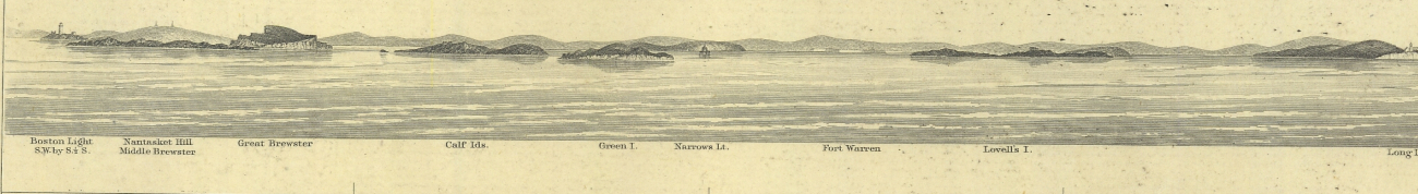 The western part of the view of the entrance to Boston by South Channel,showing Boston Light, Nantasket Hill, Middle Brewster, Great Brewster, Calf Ids, Green Island, Narrows Light, Fort Warren, Lovell's Island, and partial LongIsland Light