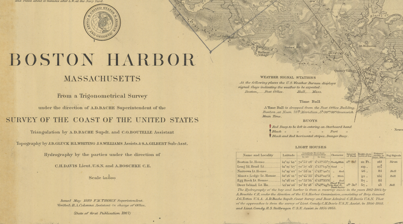 Title block of nautical chart of Boston Harbor, edition of 1869 reissued in May1889