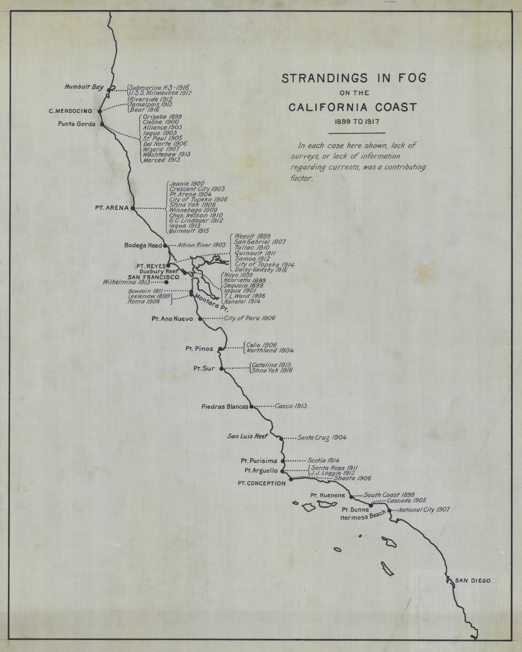 Chart of strandings in fog on the California Coast from 1899 to 1917