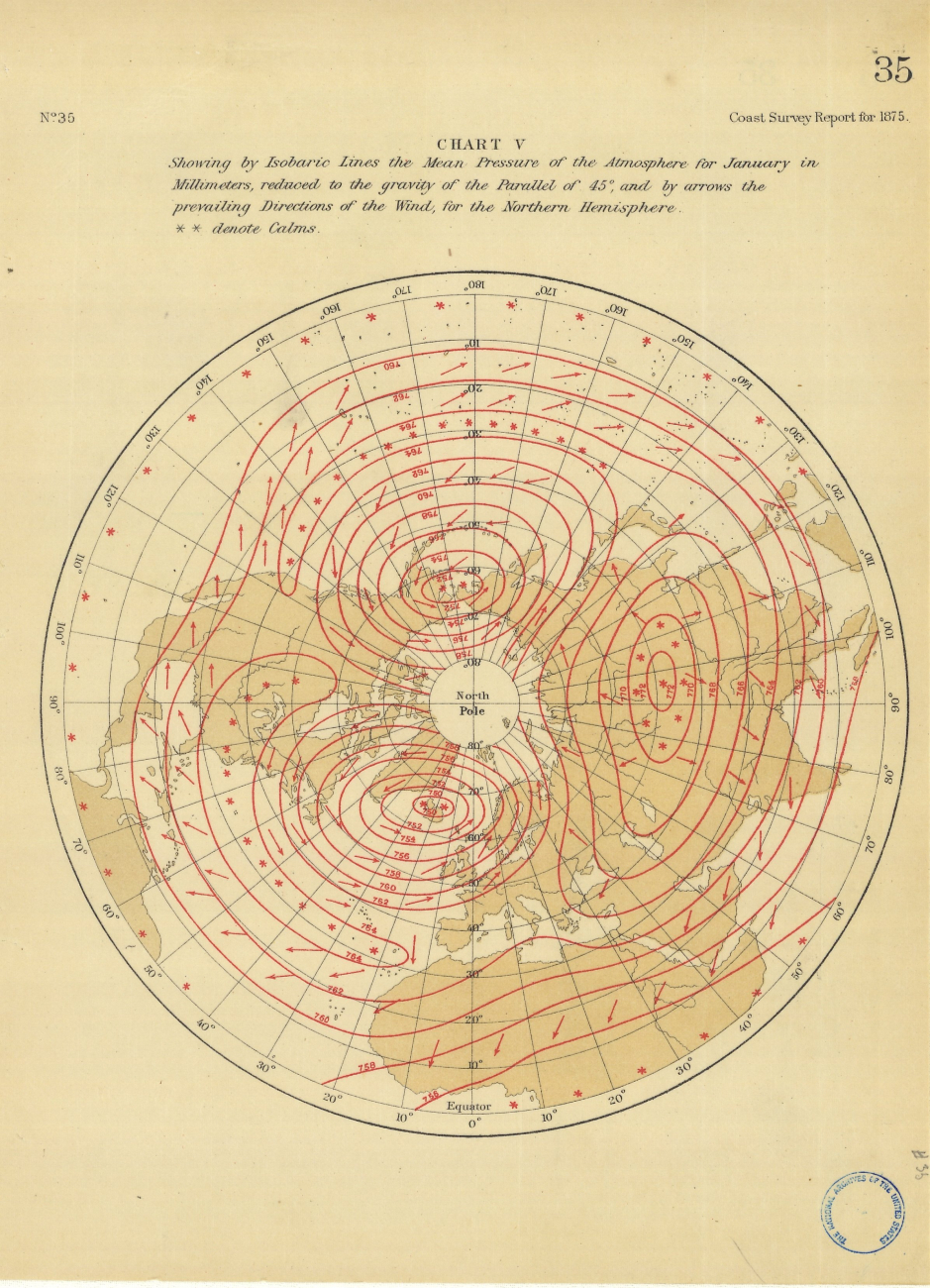 Map showing by isobaric lines the mean annual pressure of the atmosphere forJanuary in millimeters by William Ferrel