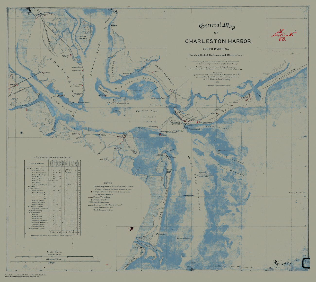 General Map of Charleston Harbor showing Rebel Defences and Obstructionsprepared by party under Charles Boutelle, Asst