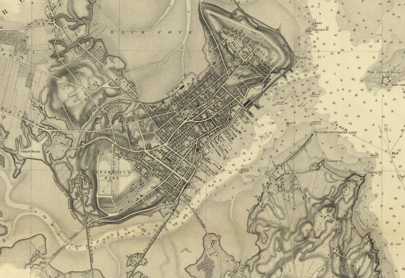 Blowup of incredible detail of Portland as surveyed by topographer AlexanderWadsworth Longfellow